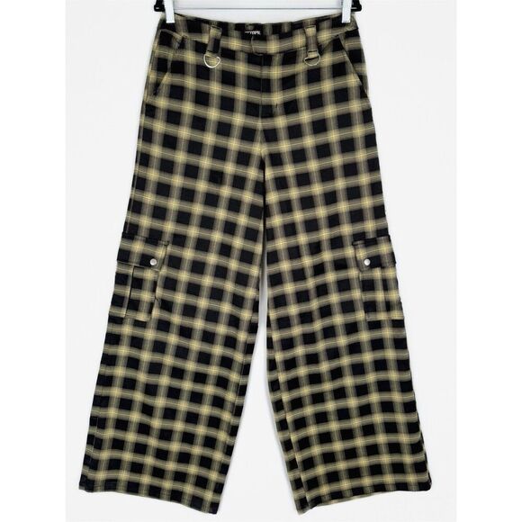 Hot Topic Pants Womens Large Yellow Black Plaid Wide Leg Trousers Cargo Grunge - Picture 2 of 16